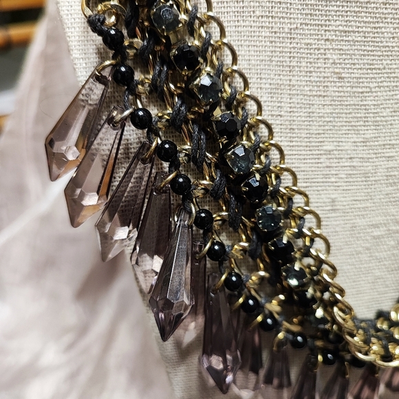Smoke Acrylic Plastic Faceted Teardrop Black Prong Set Gold Rhinestone Necklace - Picture 10 of 13